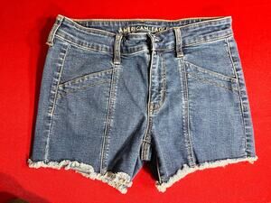 American Eagle Midi Super Stretch Denim Jorts Distressed Panel women size 8-good